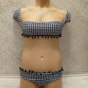 SHEIN Black and White Gingham Bikini with Pom-Poms
